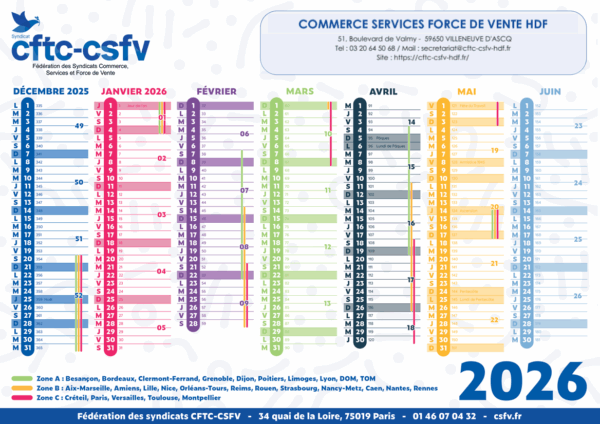 Calendrier A4 CFTC CSFV HDF Section Nord